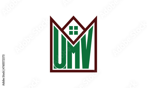 UMV initial letter real estate builders logo design vector. construction, housing, home marker, property, building, apartment, flat, compartment, business, corporate, house rent, rental, commercial photo