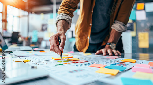 A man is writing on a white board with a pen. The board is covered in colorful sticky notes