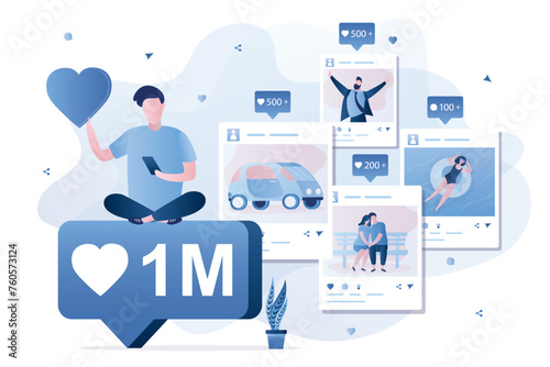 Influencer or blogger sitting on big speech bubble with one million hearts. Social media engagement. Photos and posts with like, comments. Online networking, chatting.