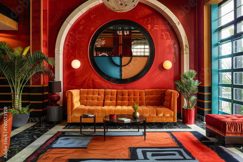 A living room with a red wall and a large mirror. The room has a modern and colorful design with an orange couch and a coffee table. There are several potted plants in the room