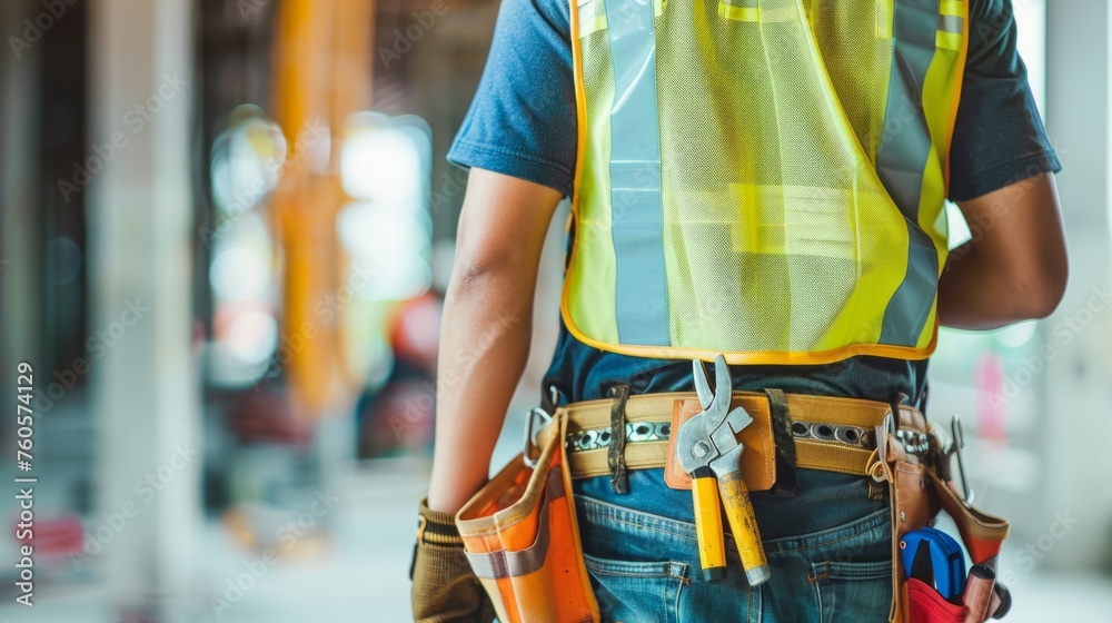 Construction Worker with Tool Belt and High Visibility Safety Vest on Job Site
Construction Worker with Tool Belt and High Visibility Safety Vest on Job Site