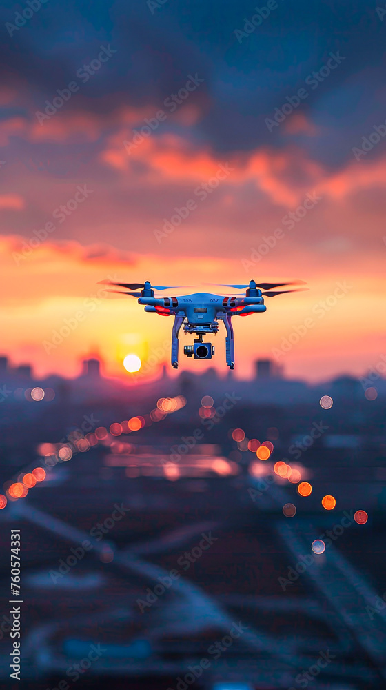 A white drone is flying over a city at sunset. The drone is capturing the beautiful colors of the sky and the city lights A white drone is flying over a city at sunset. The drone is capturing the beautiful colors of the sky and the city lights