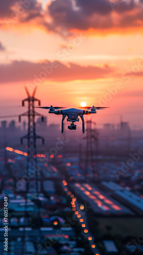 A drone is flying over a city at sunset. The sky is filled with clouds and the sun is setting, creating a warm and peaceful atmosphere
