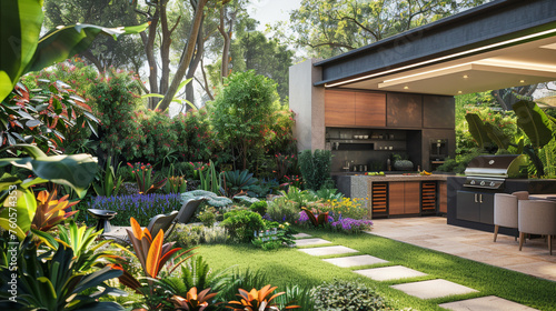 A modern outdoor kitchen set amidst a vibrant and meticulously landscaped garden, featuring a variety of plants and comfortable seating.