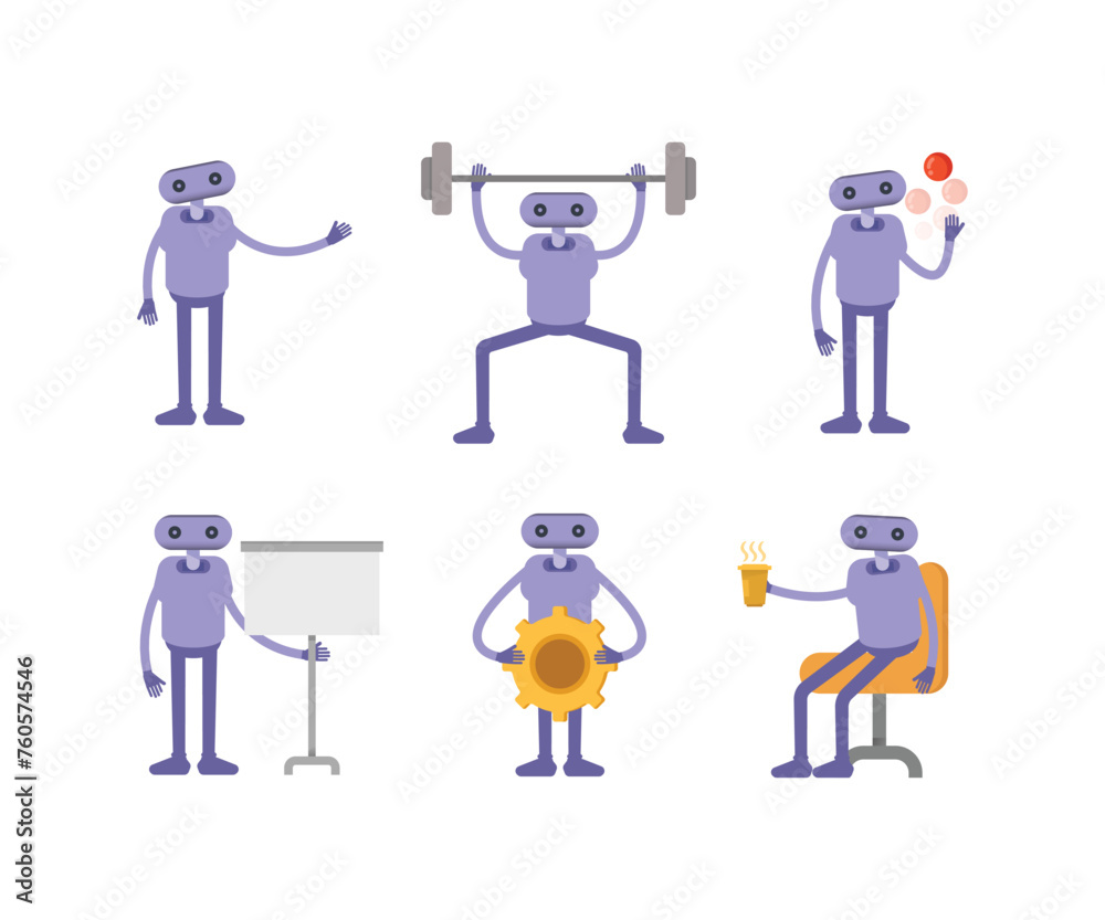 humanoid robot in various poses set vector illustration