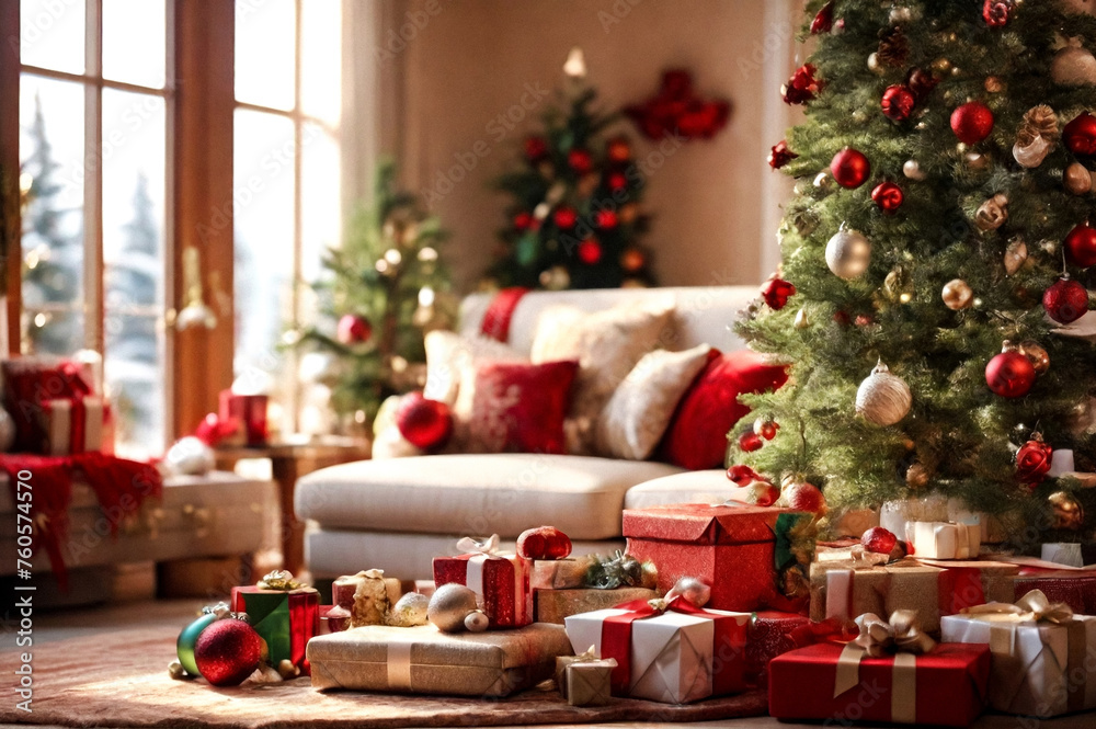 Christmas and new year decor background, close up christmas decorations living room at home. Copy space