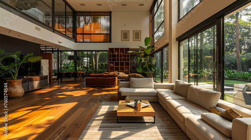 A spacious modern living room bathed in natural sunlight, featuring elegant furniture and a stunning view of a lush outdoor garden. © ศรันญ่า ตะลาโส