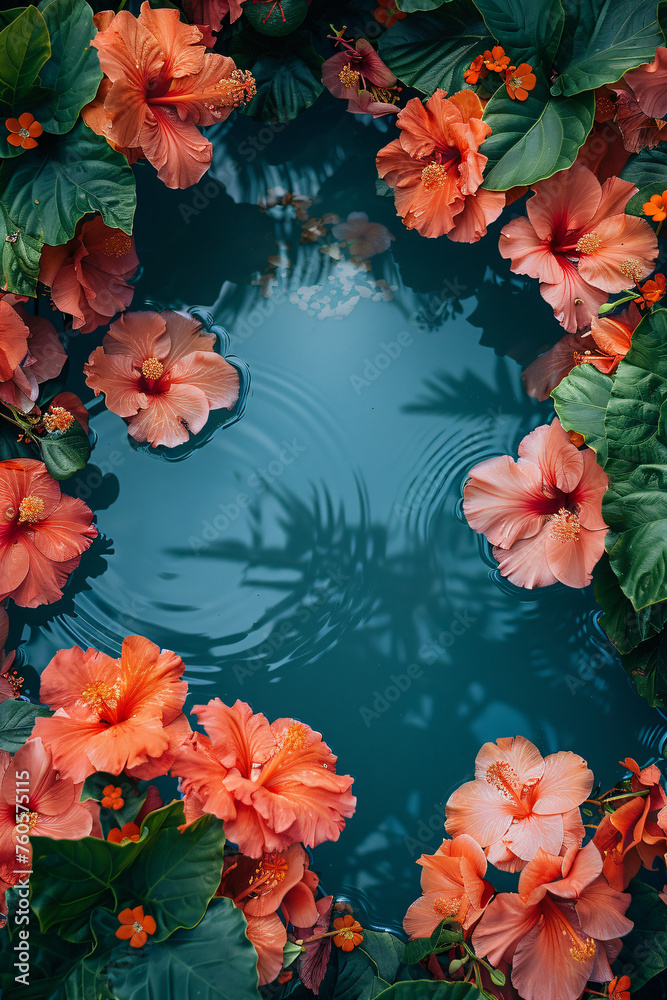  Assorted vibrant flowers floating on water surface. Floral arrangement with copy space. Nature and tranquility concept. Design for spa, wellness, greeting cards, and background