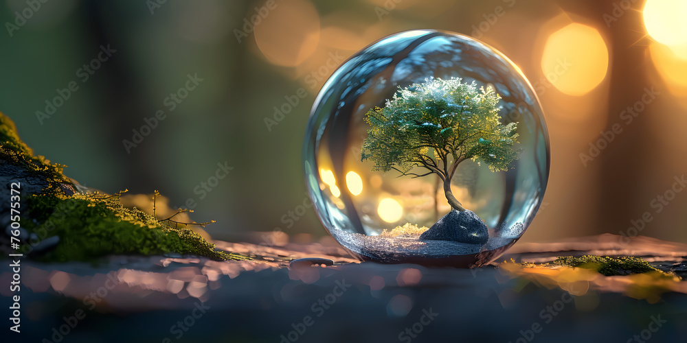 Ecology concept. Green planet in glass ball on nature background. Ecology concept. Green planet in glass ball on nature background.