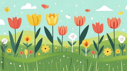 Na obrazie widać malownicze pole pełne różnokolorowych kwiatów w rzędzie oraz latających motyli, dodając lekkości całej kompozycji.