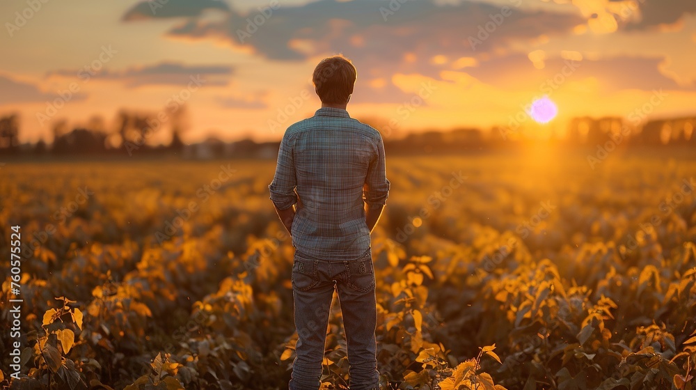 Rear View of Man in Agriculture Field at Sunrise
Rear View of Man in Agriculture Field at Sunrise