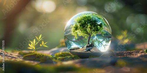 Ecology concept. Green planet in glass ball on nature background.