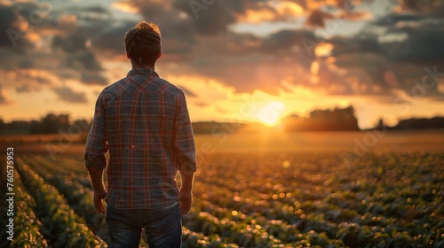 Rear View of Man in Agriculture Field at Sunset