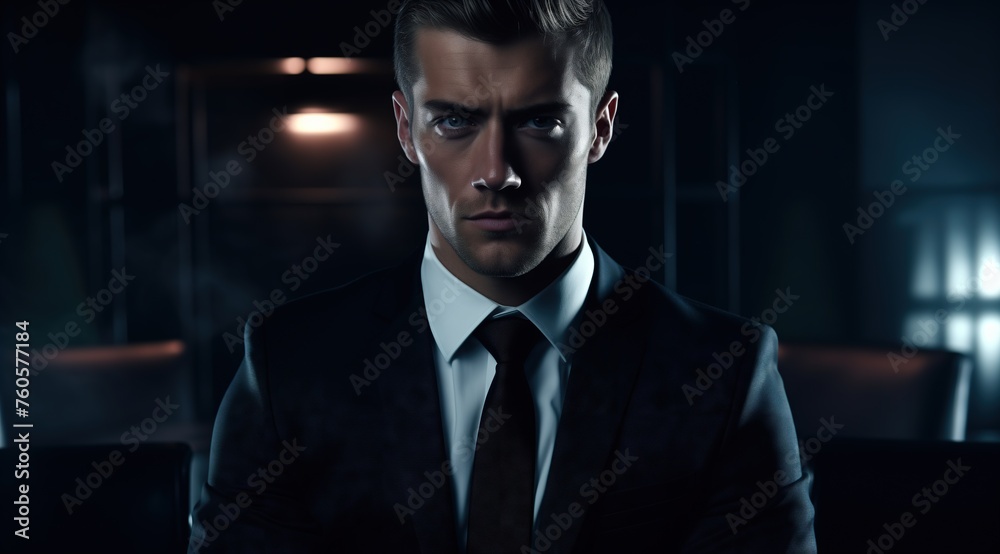 Cinematic still of the character The Right Man in a black suit and tie - obrazy, fototapety, plakaty 