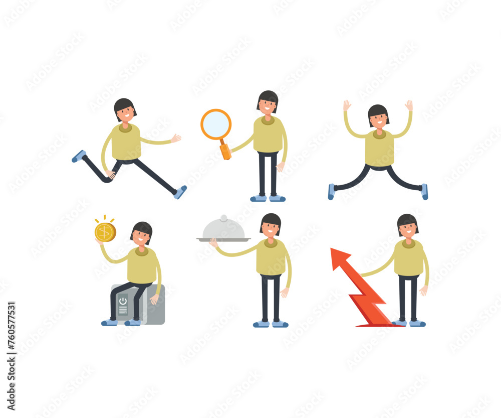 girl student in various poses characters vector illustration