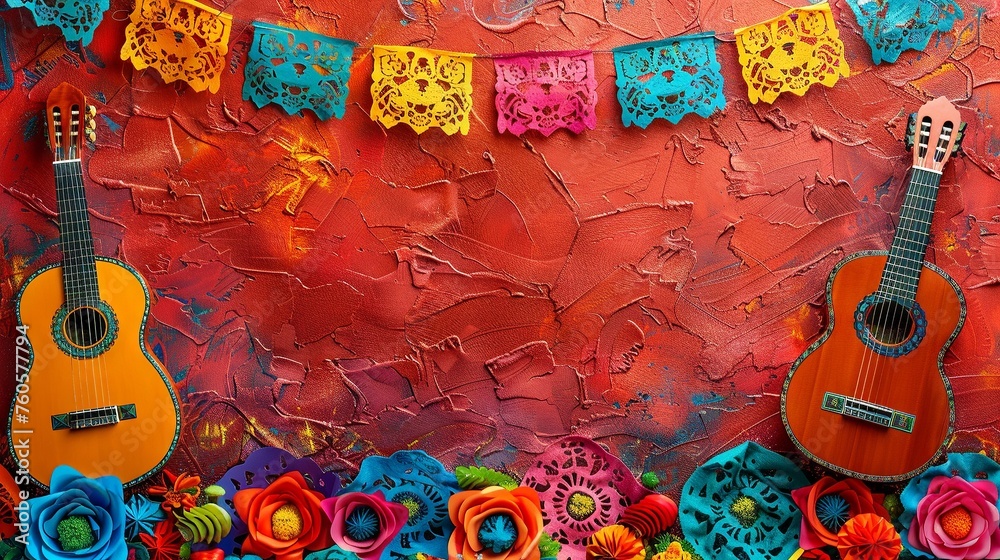 Mexican Culture-Themed Background with Papel Picado and Folklorico Dancers with Copy Space

