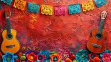 Mexican Culture-Themed Background with Papel Picado and Folklorico Dancers with Copy Space