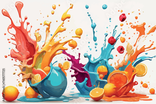 mixed fruit falling into juices splashing on white background