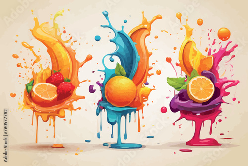 mixed fruit falling into juices splashing on white background