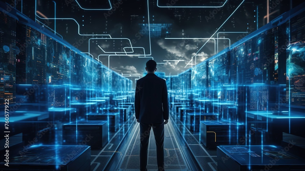 An IT specialist monitors the performance of network database servers running in the data center. Web hosting, cloud computing. An IT specialist monitors the performance of network database servers running in the data center. Web hosting, cloud computing.