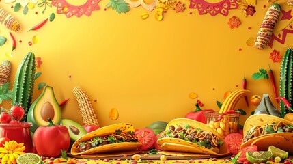 Vibrant Mexican Street Food Scene with Papel Picado and Copy Space

