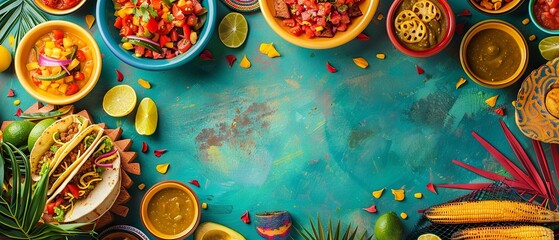 Vibrant Mexican Street Food Scene with Papel Picado and Copy Space

