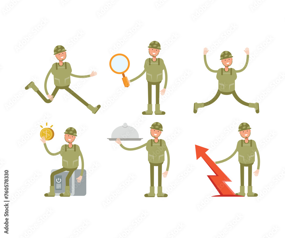 soldier characters in various poses vector set