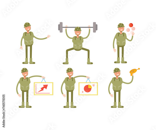 soldier characters in various poses vector set
