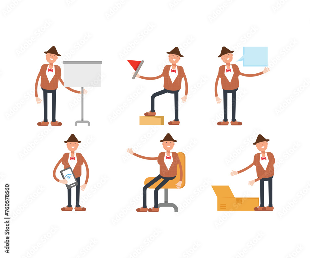 Obraz premium man in bowtie suit characters in different poses illustration