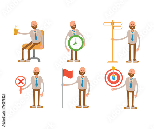 bald businessman in various poses character set illustration