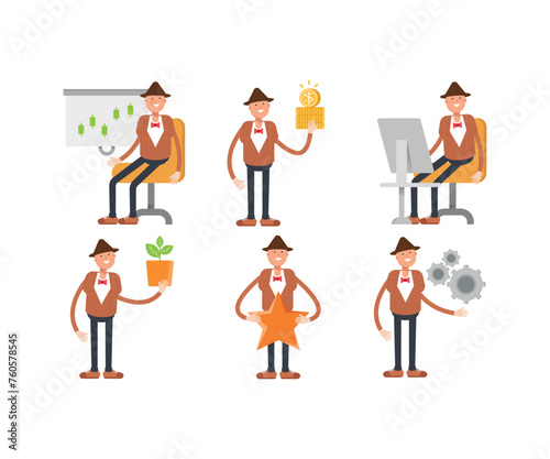man in bowtie suit characters in different poses illustration