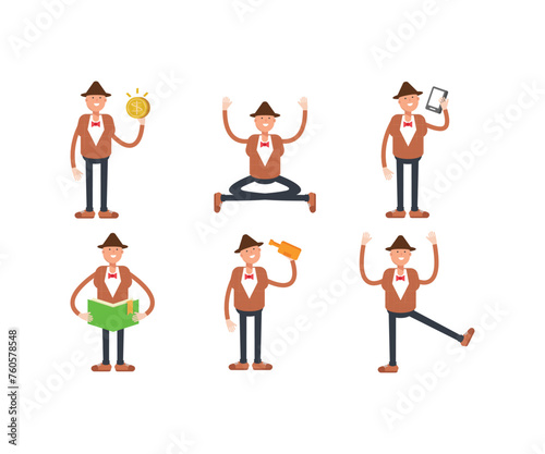 man in bowtie suit characters in different poses illustration