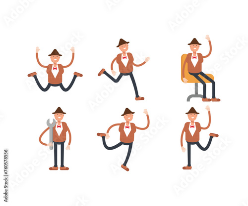 man in bowtie suit characters in different poses illustration
