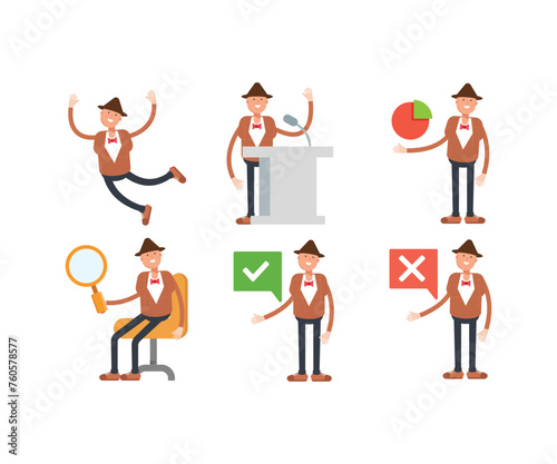 man in bowtie suit characters in different poses illustration