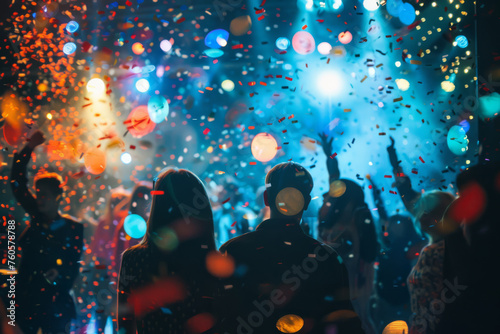 Concert atmosphere. Laser light show, confetti and hands rises in the air