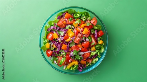 Minimalist Top-View Colorful Taco Salad on Turquoise Glass Plate

