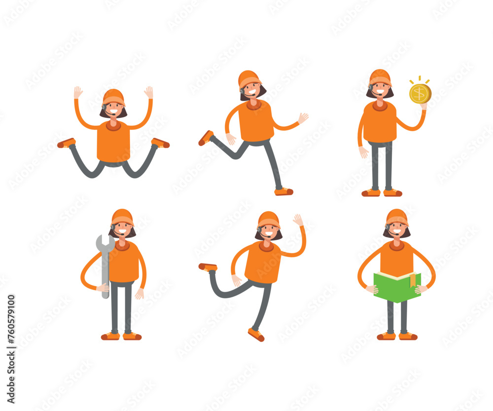 headset girl and staff girl in various poses vector set headset girl and staff girl in various poses vector set