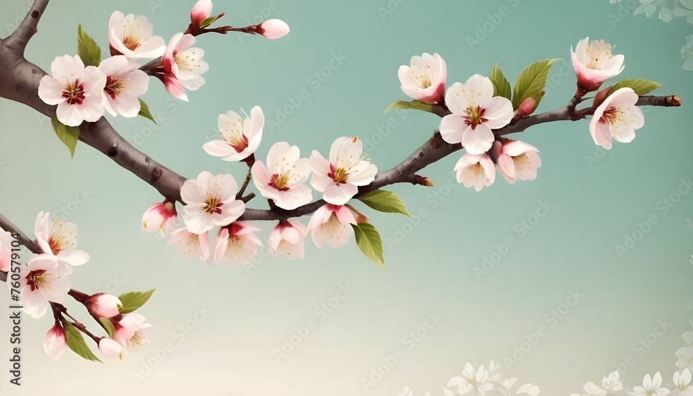 Nowruz greeting card background with a branch of a blossoming cherry tree.