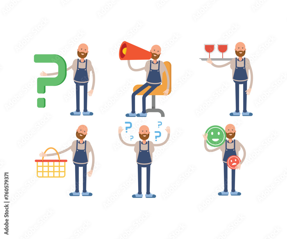 bald man barista character in various poses vector illustration bald man barista character in various poses vector illustration