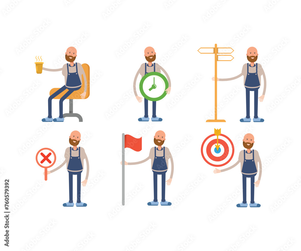 bald man barista character in various poses vector illustration bald man barista character in various poses vector illustration