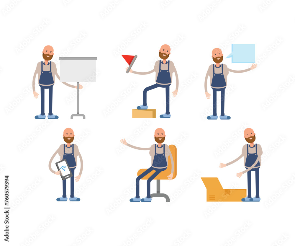 bald man barista character in various poses vector illustration bald man barista character in various poses vector illustration