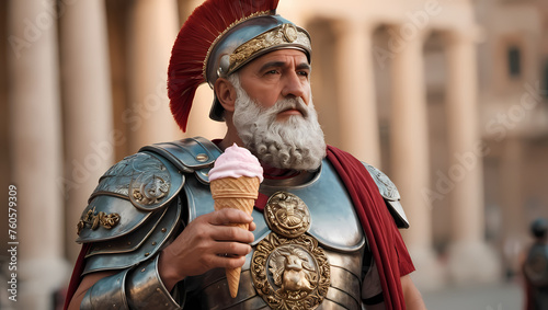 person eating ice cream, Legionary Holding an Ice Cream Cone - Blending Ancient Valor with Sweet Modern Treats 