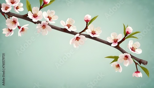 Nowruz greeting card background with a branch of a blossoming cherry tree. © QasimAli
