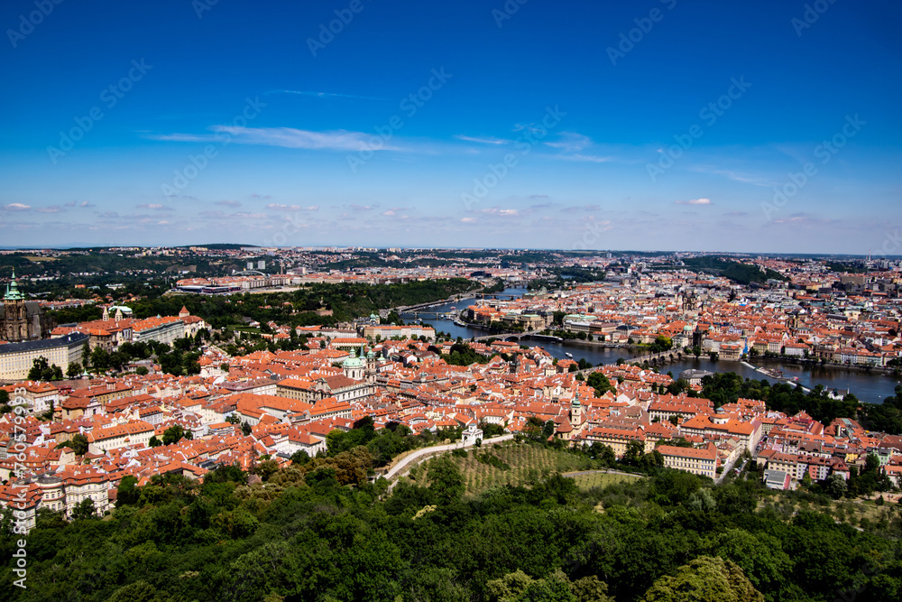 Aerial view of Prague on a sunny day.