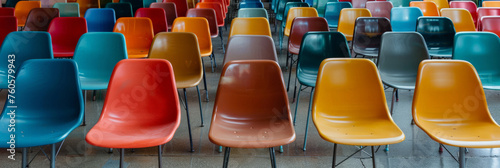 empty rows of chairs in a conference hall,empty colorful chairs arranged in rows. banner photo