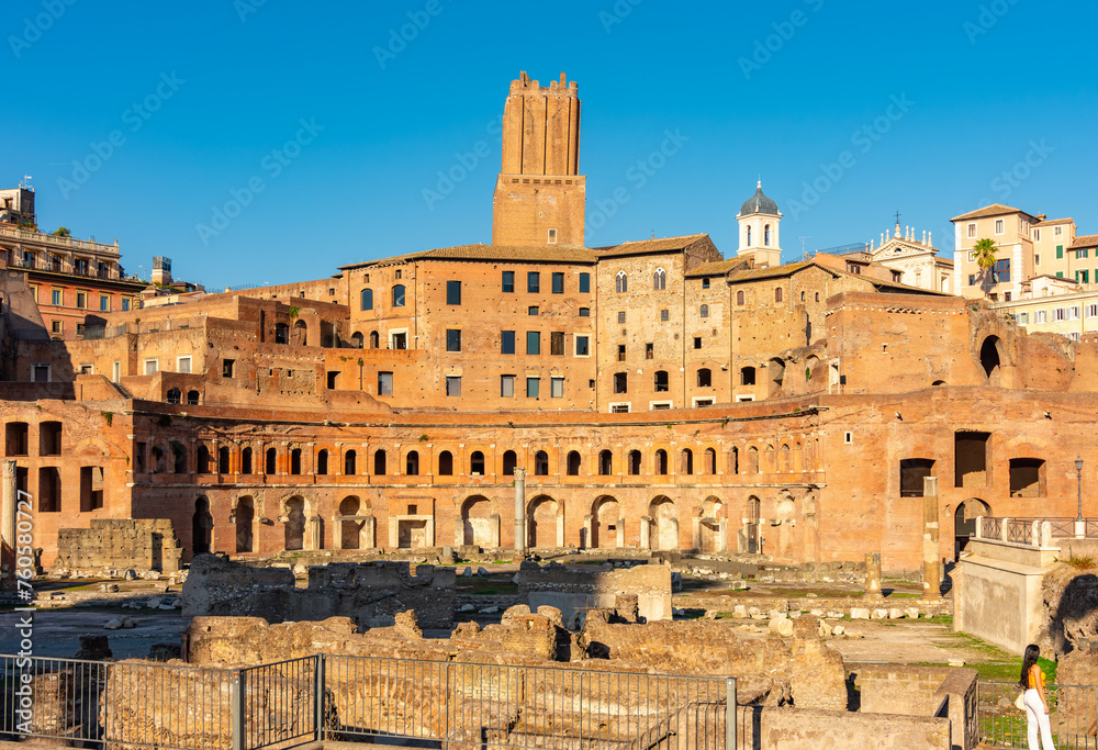 Trajan's Market (Mercati di Traiano) ruins and Militia tower in Rome, Italy