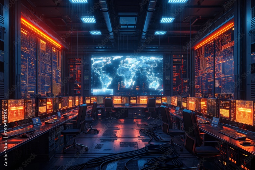 State-of-the-art cyber security operations center, featuring rows of glowing orange servers, large digital world map on main screen. Room is equipped with multiple workstations, ambient blue lighting