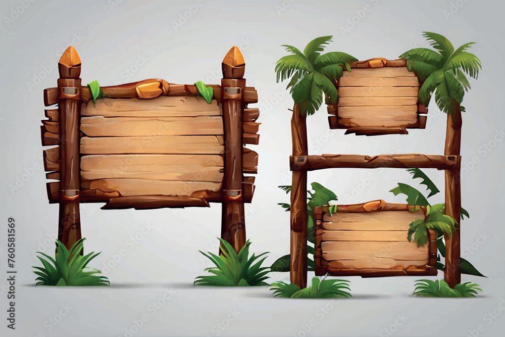 Set cartoon game panels in jungle style with space for text. Isolated wooden gui elements with tropical plants, flowers and boards. Illustration on white background. - obrazy, fototapety, plakaty 