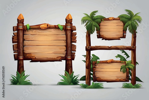 Set cartoon game panels in jungle style with space for text. Isolated wooden gui elements with tropical plants, flowers and boards. Illustration on white background.