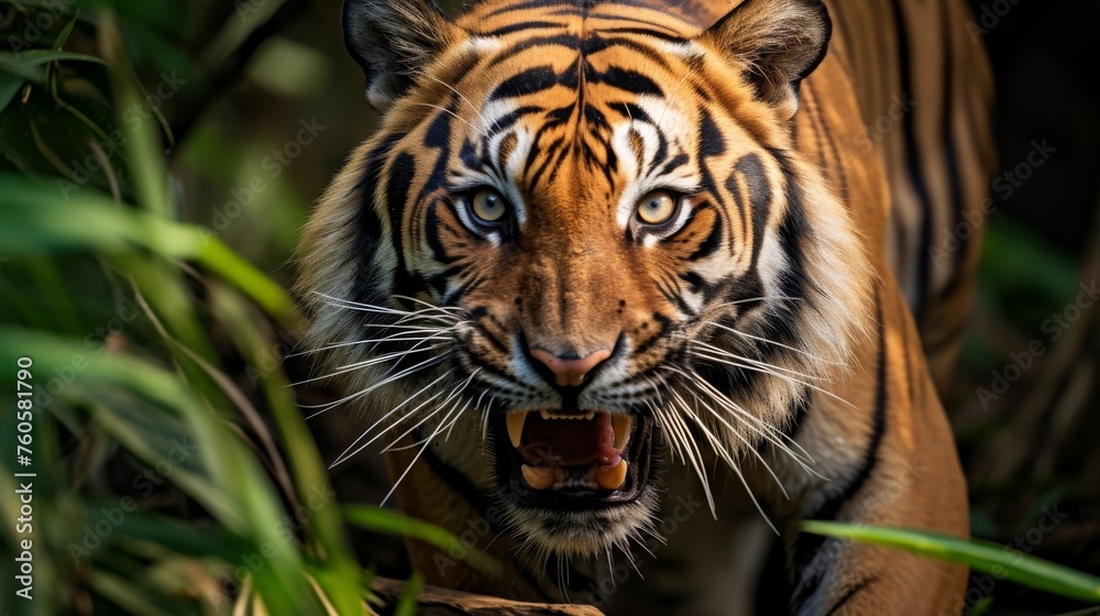 Fototapeta premium Jungle tigress showing fierce attitude closeup